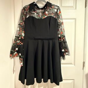 Chic Black Dress with Floral Sheer Sleeves